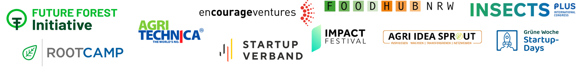 Übersicht von Start-up-Ökosystem-Logos verschiedener Unternehmen und Organisationen in unterschiedlichen Farben und Formen
	
