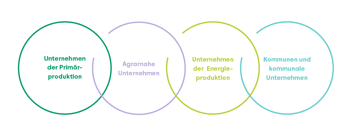Unsere Kundengruppen in vier Bereichen Drei Kreise in Pastellfarben überschneiden sich und bilden eine Venn-Diagramm-Struktur. Im linken Kreis steht der Text 'Unternehmen der Primärproduktion', im mittleren Kreis 'Agrarnahe Unternehmen' und im rechten Kreis 'Unternehmen der Energieproduktion'. Der rechte Kreis schließt zusätzlich den Text 'Kommunen und kommunale Unternehmen' ein. Die Darstellung visualisiert die verschiedenen Zielgruppen oder Förderbereiche im Kontext des Rentenbank-Förderberichts.