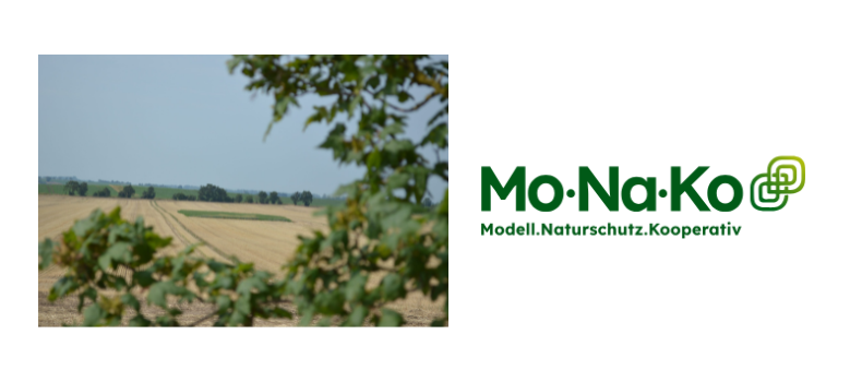 Logo des Start-ups MoNaKo und entfernter Ausblick auf ein Getreidefeld.