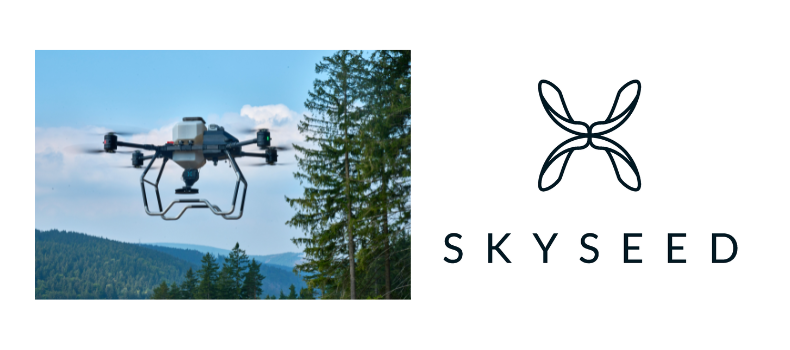 Logo und Bild der Drohne des Start-ups Skyseed.